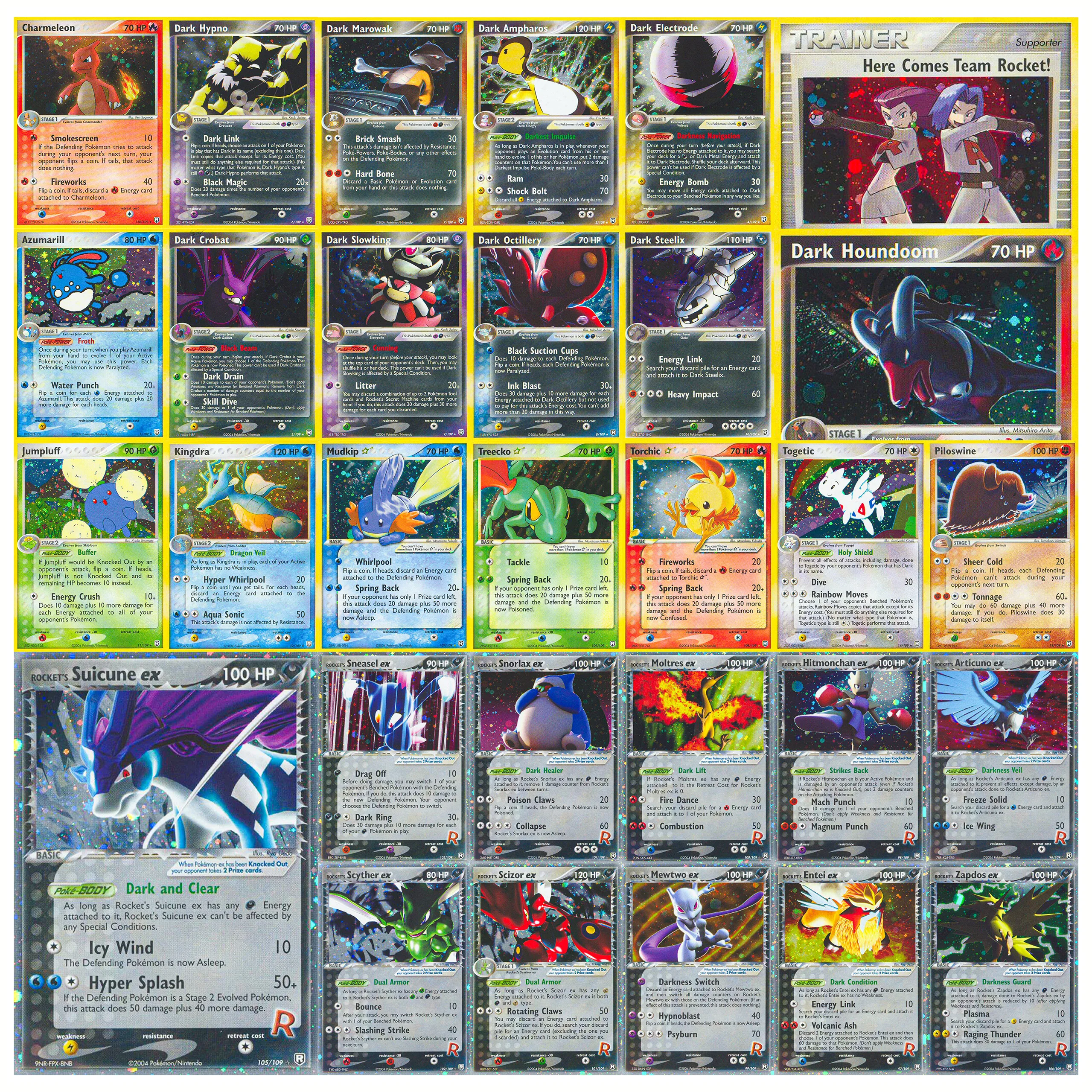 

Коллекционные карты PTCG 2004 EX-Team Rocket Returns FOIL: Суичун, Запдос, Сайзор, Мьют, Хаундрум (105/109) — Прокси-карты PKM