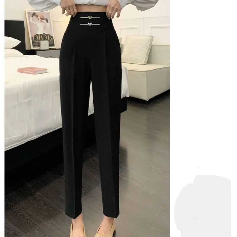 

Women's 2024 Spring and Summer New Fashionable Formal High Waist Metallic Solid Color Draping Small Foot Straight Trousers Pants