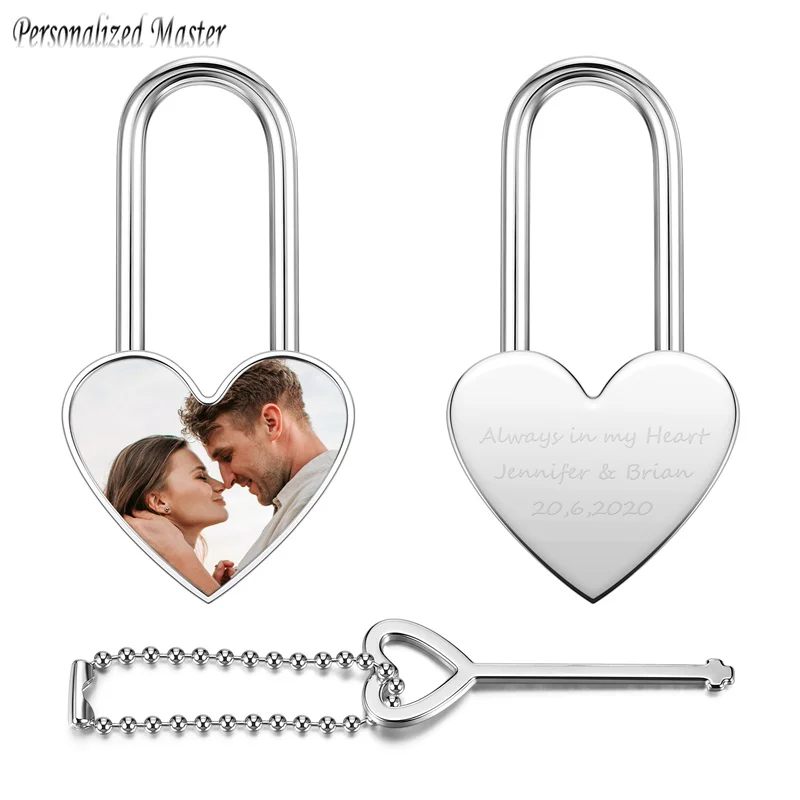 Personalized Master Custom Photo Lock Engraved Picture Text Love Padlock W/ Key for Lover Friends Birthday Valentine\'s Day Gift