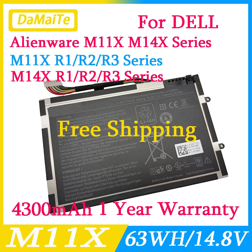 New PT6V8 Laptop Battery For DELL  Alienware M11X  R1 R2 R3 M14 R1 R2 R3 X8P6X6 08P6X6 T7YJR P06T P18G 8P6X6  P18G001 P06T002