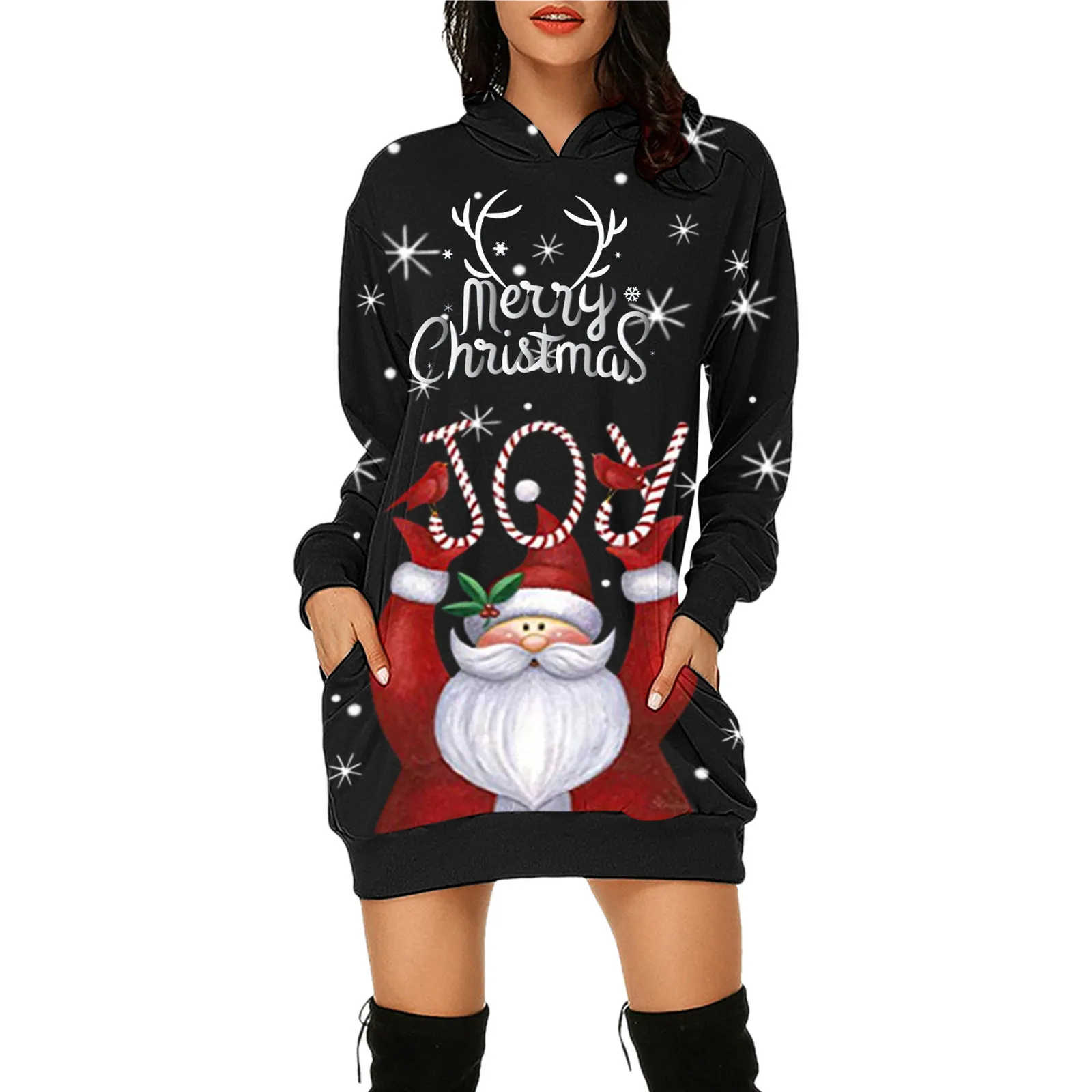 

Women Bag Hip Plus Size Long Sleeves Hoodies Sweatshirts Dress With Pockets Vestidos Merry Christmas Elk Prints Hoodies Dress