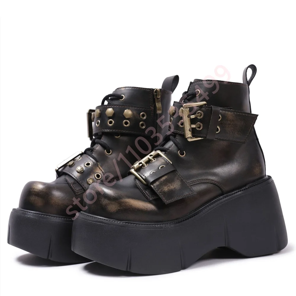 

Thick Sole Belt Buckle Rubbed Color Motorcycle Boots New Fashion Women's Round Wedge Heel Short Boots Punk Sports Casual Boots