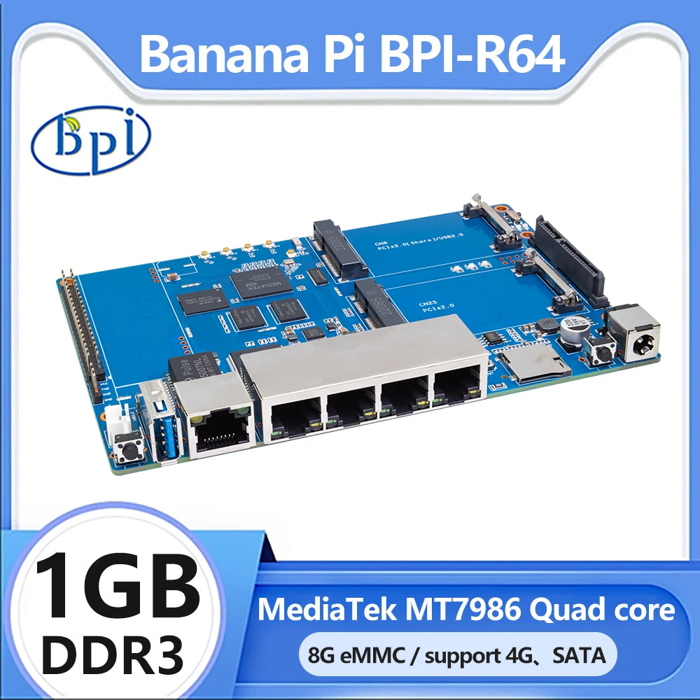 Banana Pi BPI-R64 Smart Router Based Development Board Use MediaTek MT7622 64bit 5 Port 10/100/1000 Mb Ethernet Port