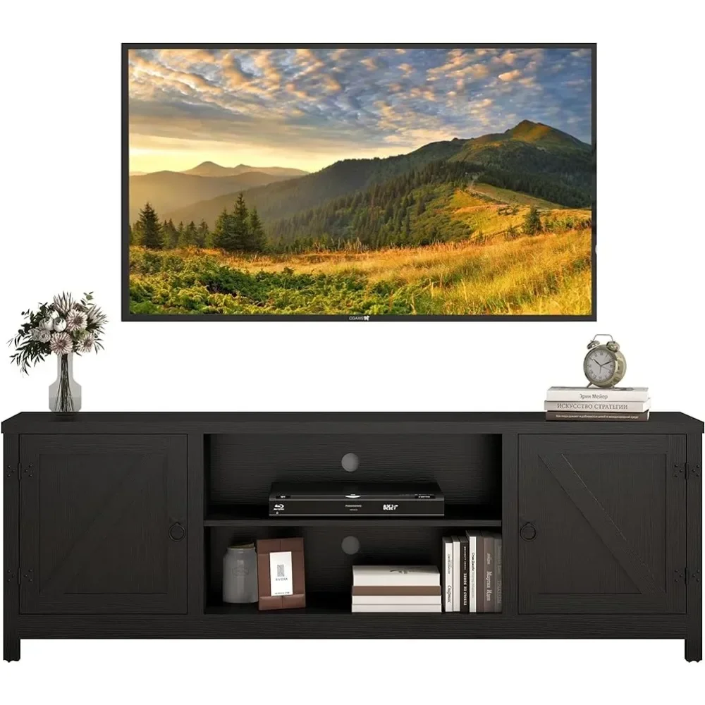 Entertainment Center for 70 Inch TV With 2 Doors and Open Shelves for Living Room Mid Century TV Stand 65 Inch) Bedroom (Black