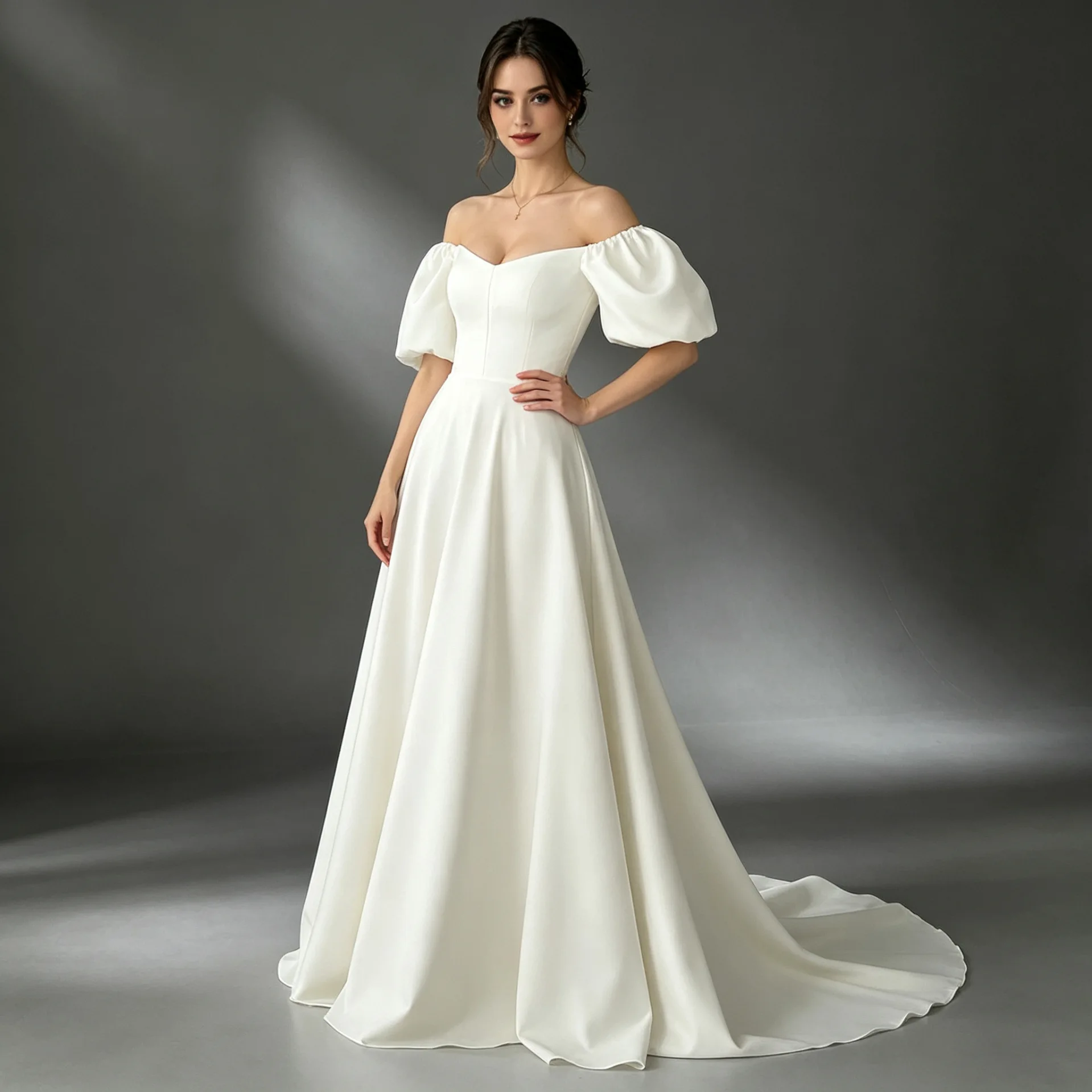Sweetheart Off Shoulder Satin Bridal Gown Puff Sleeves A-Line Skirt With Small Train Lace Up Back Simple Elegant Wedding Dress
