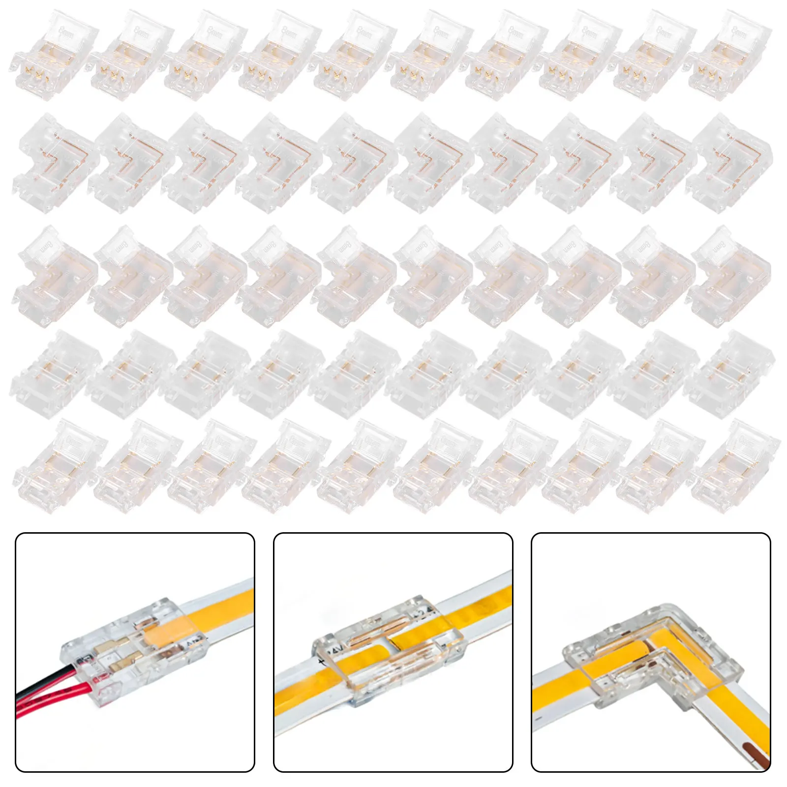 50Pcs 8mm 2Pin COB Connector L-Shaped/Corner Connectors  L-Shaped/Corner Connectors Reusable Solderless Adapter Terminal Extensi