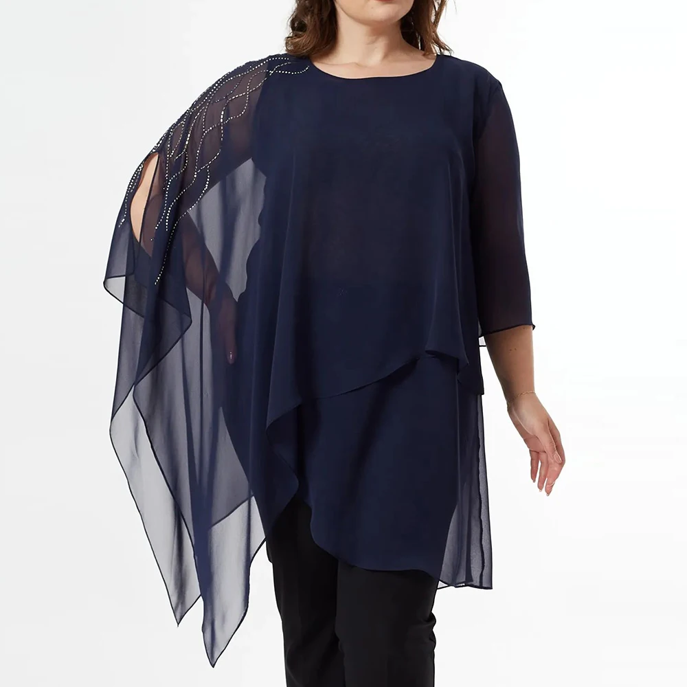 

Plus Size Mesh Bright Silk Luxury Women's Blouse Elegant Asymmetry Chic Transparent Sleeve Round Neck Chiffon Vintage Tops Shirt