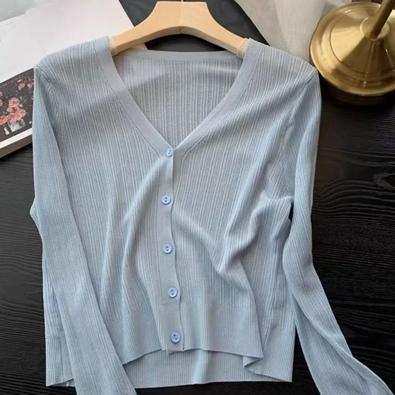 Cardigan de malha camisola versátil feminino primavera/verão 2024 nova moda auto cultivo protetor solar senhoras casaco superior