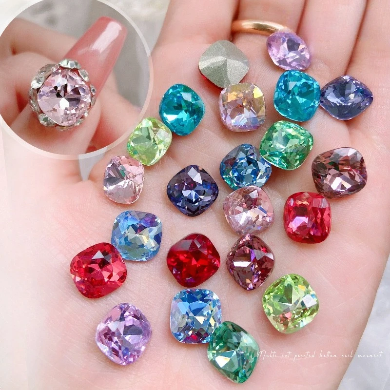 2Pcs Luxury 3D Fat Square K9 Nail Charms, Multi-facet Sparkling Irregular Pointed Back Crystal Rhinestones for Press On Nails