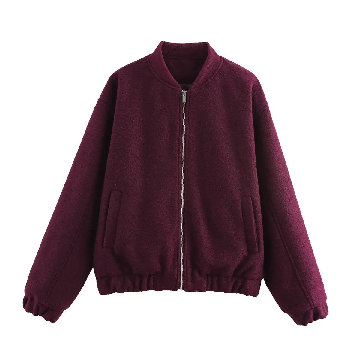 

Europe and America Autumn and Winter Wool Fabric Zipper Short Style Coat Loose Temperament Leisure Keep Warm Stand Collar