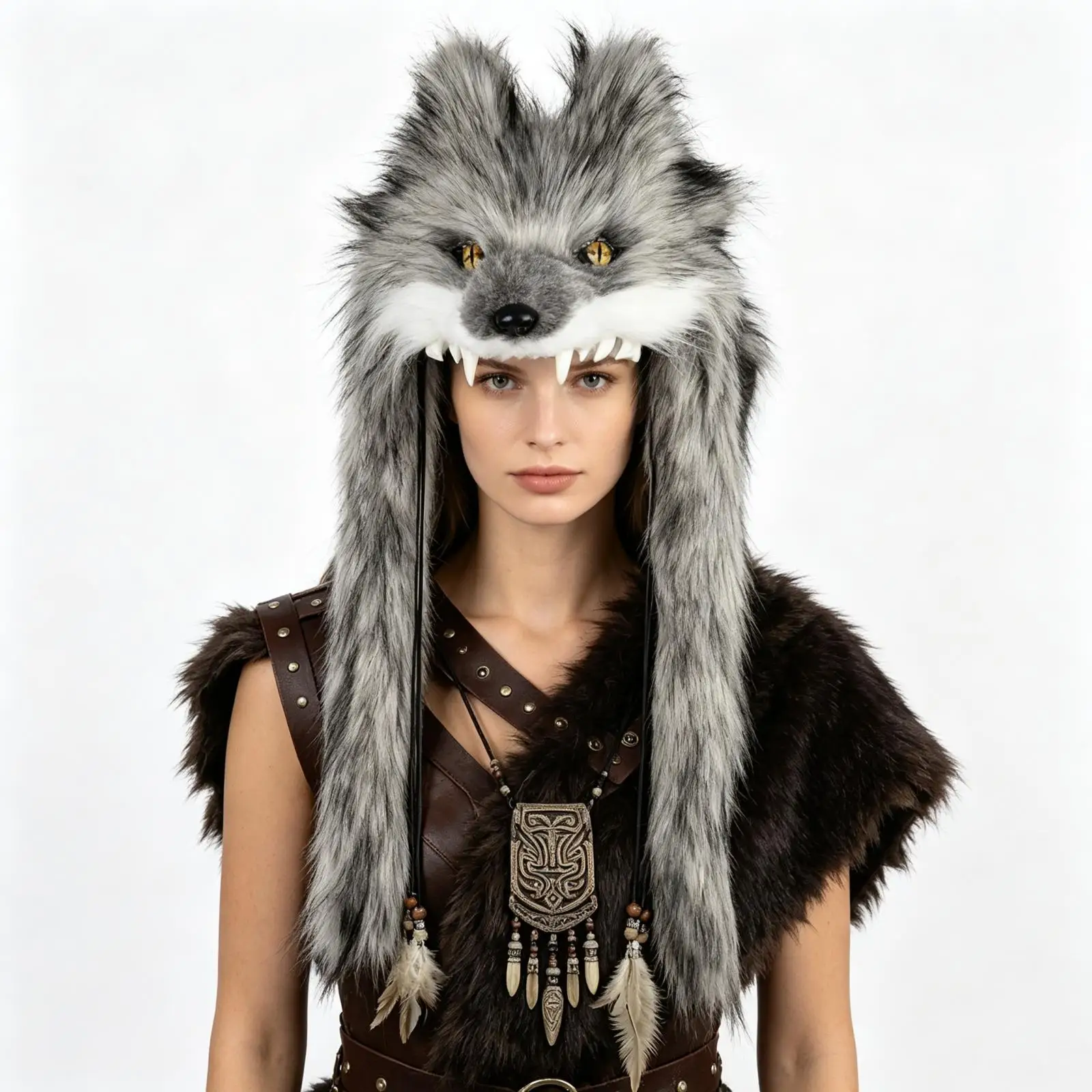 Halloween Faux Fur Wolf Headdress Viking Tribal Style Wolf Head Mask Hat with Fangs Cosplay Costume Accessory