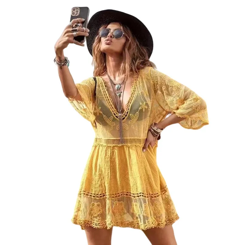 Sonnencreme Shirt Sexy Spitze Lose Strand Urlaub Cover Up Rock Bikini Jacke Badeanzug Für Frauen