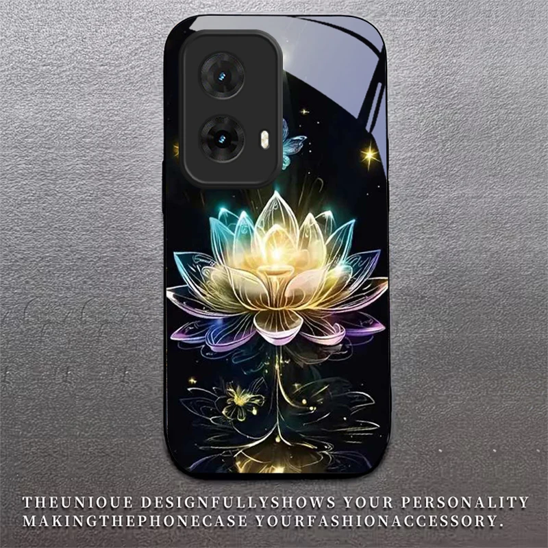 Crystal Lotus Art Black Glass Phone Case For Motorola Moto G14/G22/G24Power/G24/G34/G35/G45/G54/55/G75/G84/85 Hard Black Cover view 3