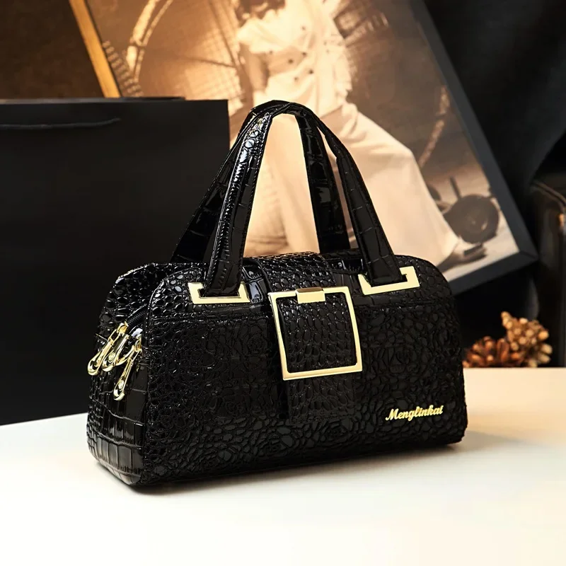 Women Boston Bag Ladies Fashion Shoulder Handbag Embroidery Patent Leather Messenger Mother   Handbags