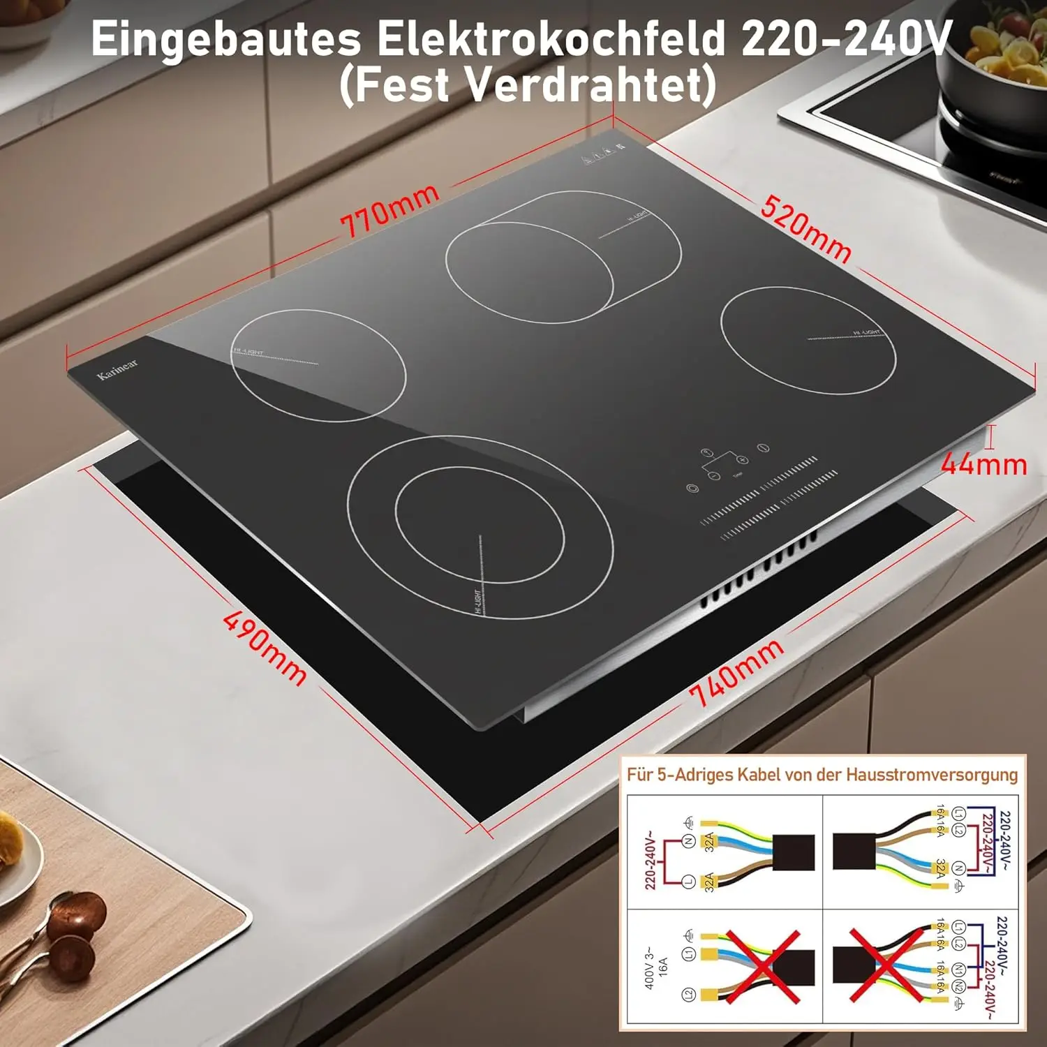 Karinear Placa vitrocerámica 4 fuegos 77 cm, Control deslizante, zona de expansión de doble bucle, 9 niveles de potencia, temporizador, cierres de seguridad