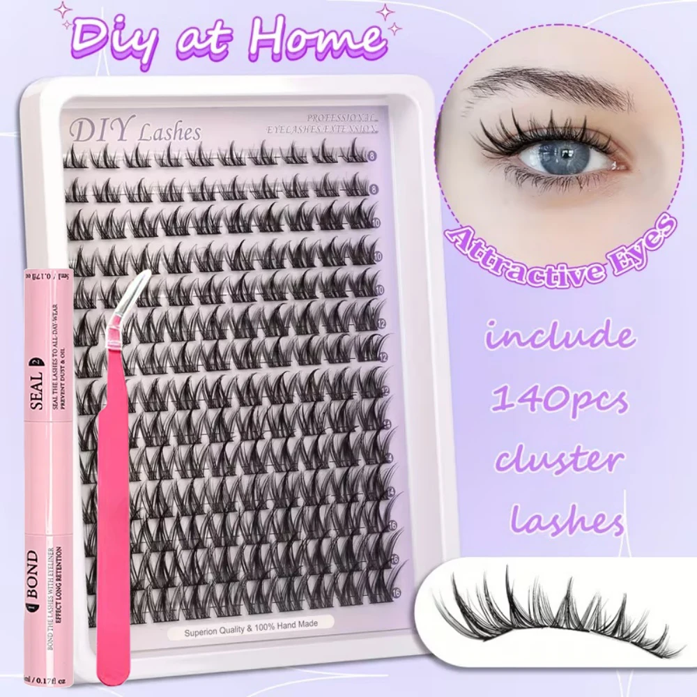 1 Box mit 140 Cluster-Klebesätzen für künstliche Wimpern, 10-16 mm CC-Curl, leicht und elegant, natürliches Aussehen, Comic-Stil, einzelne Cluster-Wimpern