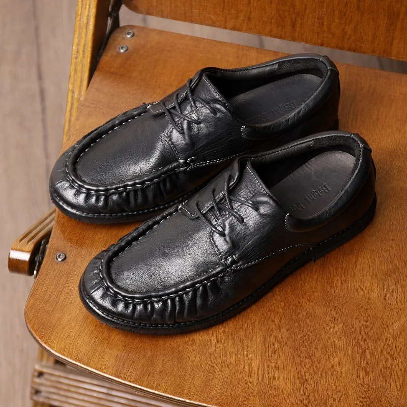 Handmade Pleated Full Grain Leather Casual Oxford Shoes Men's Washed Horseskin Commuting Business Genuine Leather Male Shoes