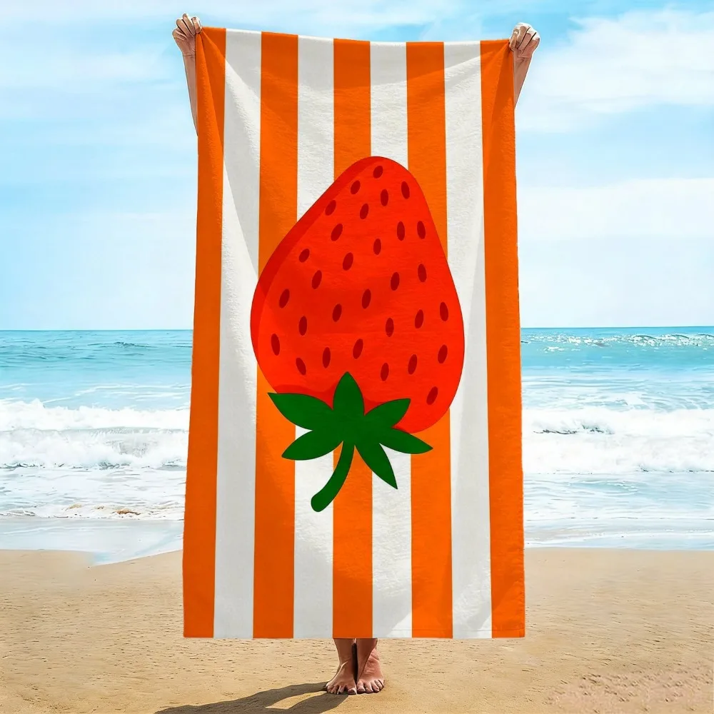 Vibrant Strawberry Stripe Beach Towel, Red Strawberry on Orange White Stripe Print Bath Towel, Fun Summer Beach Blanket 1pcs