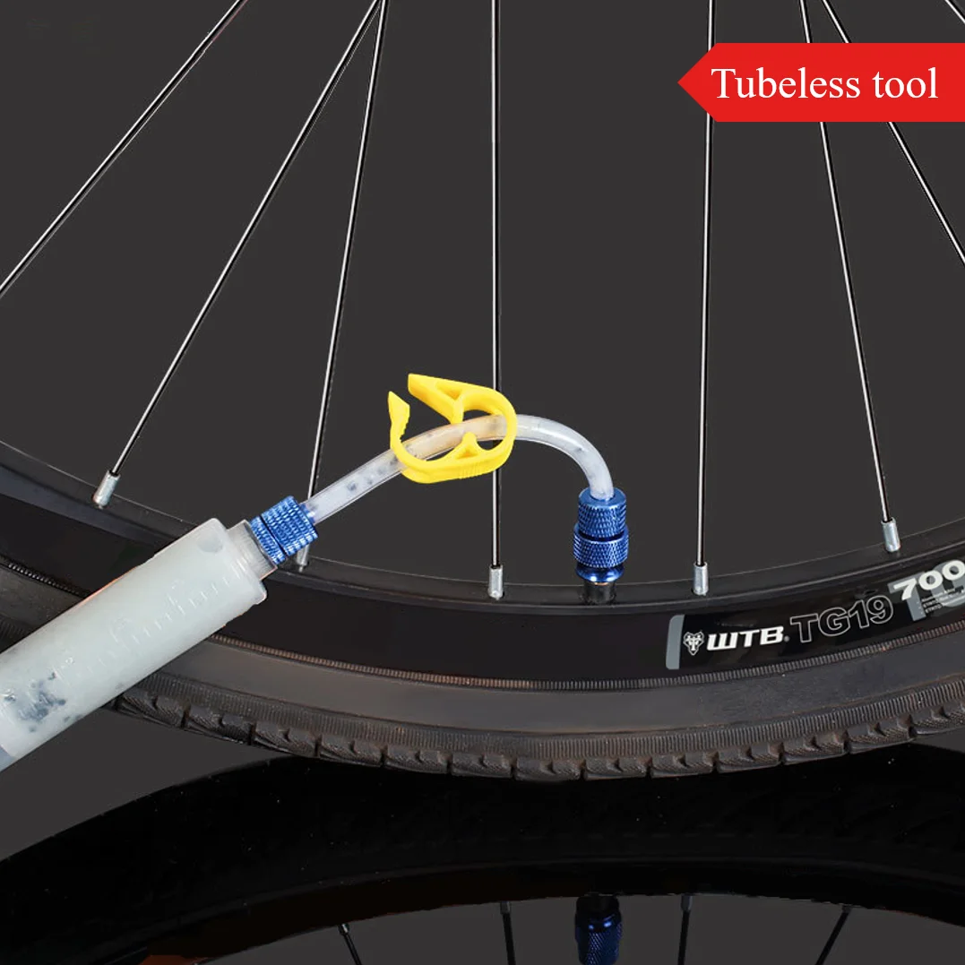 1Set Bicycle Tubeless Tire Sealant Injector Repair Tool with 4-in-1 Nozzle Wrench for Schrader & Presta, Aluminum Alloy Joints