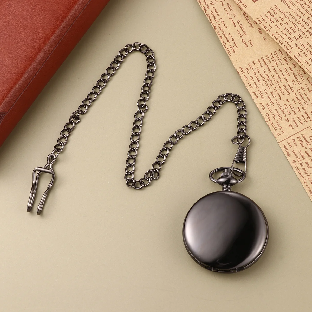 1pc Two-Faced Shiny Pocket Watch Black Alloy Vintage Quartz Timepiece For Men Women Classic Retro Fashion Accessory