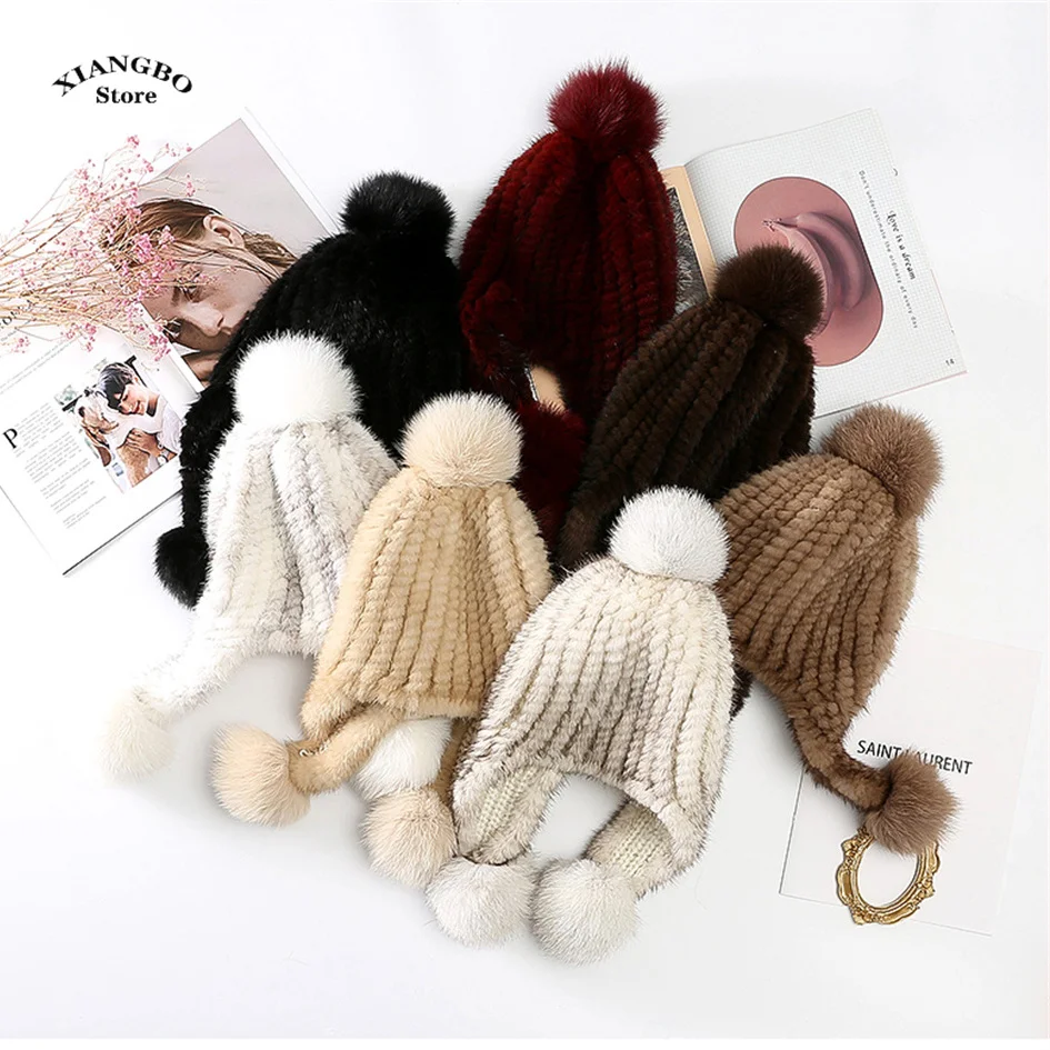 

Knitted Mink Fur Hat Women Winter Warm Natural Luxury Plush Fisherman Fur Hats Striped Stylish Beanie Cap