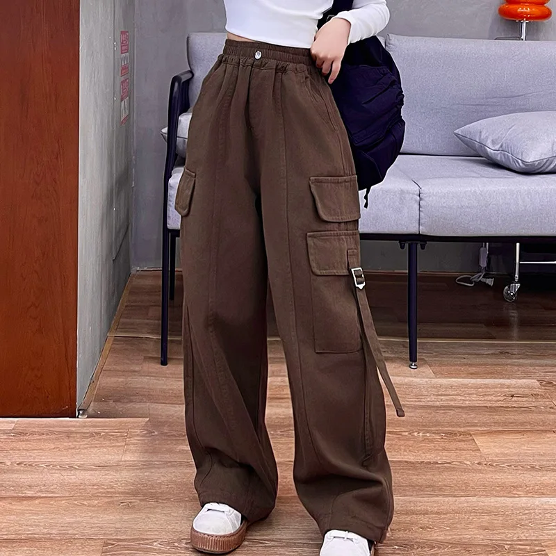 

Autumn teen Girls Cargo Pants Casual Loose Children Trousers Fashion All-match Elastic Waist Big Pockets Kids hip Sport Pants