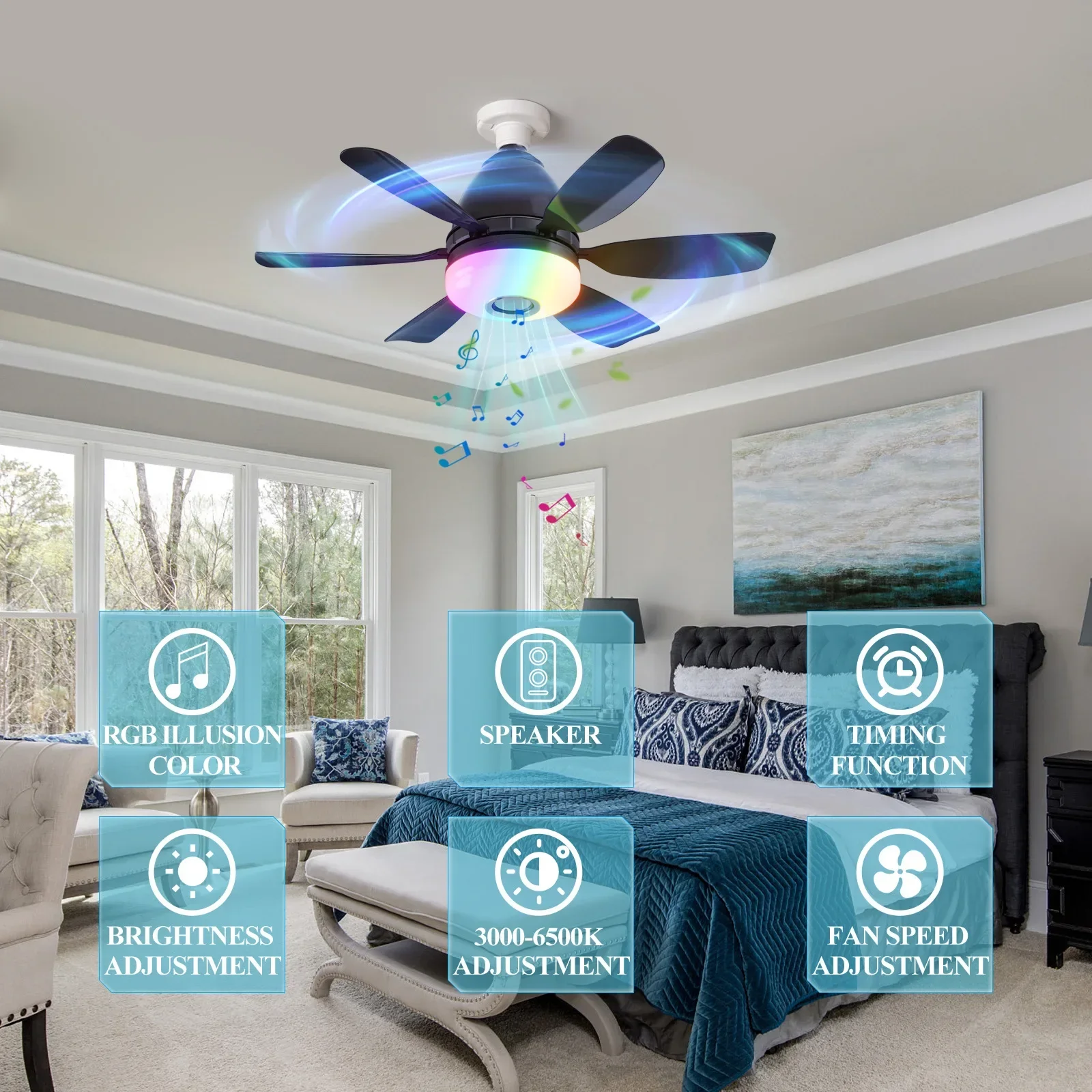

Ceiling Fan With RGB LED Light And Remote Control E27 Mini Ceiling Fans Lamp Bulb With Bluetooth Speaker For Bedroom Lighting