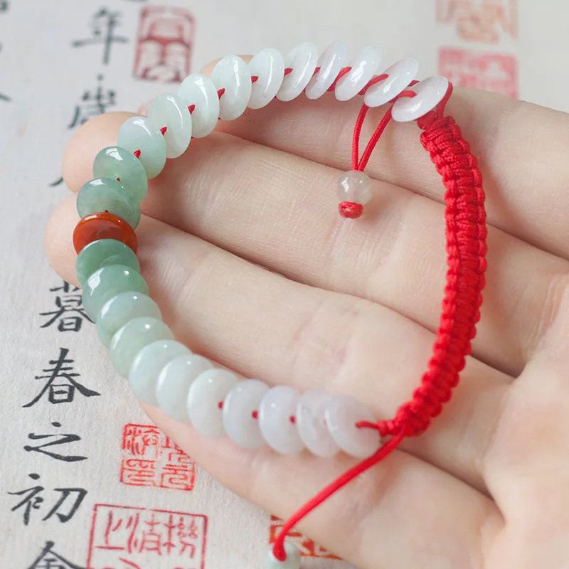 New Couple Welfare Seckill Natural A- Level Jade-Color Ice-like Floating Flowers Peace Hand-Knitted Rope