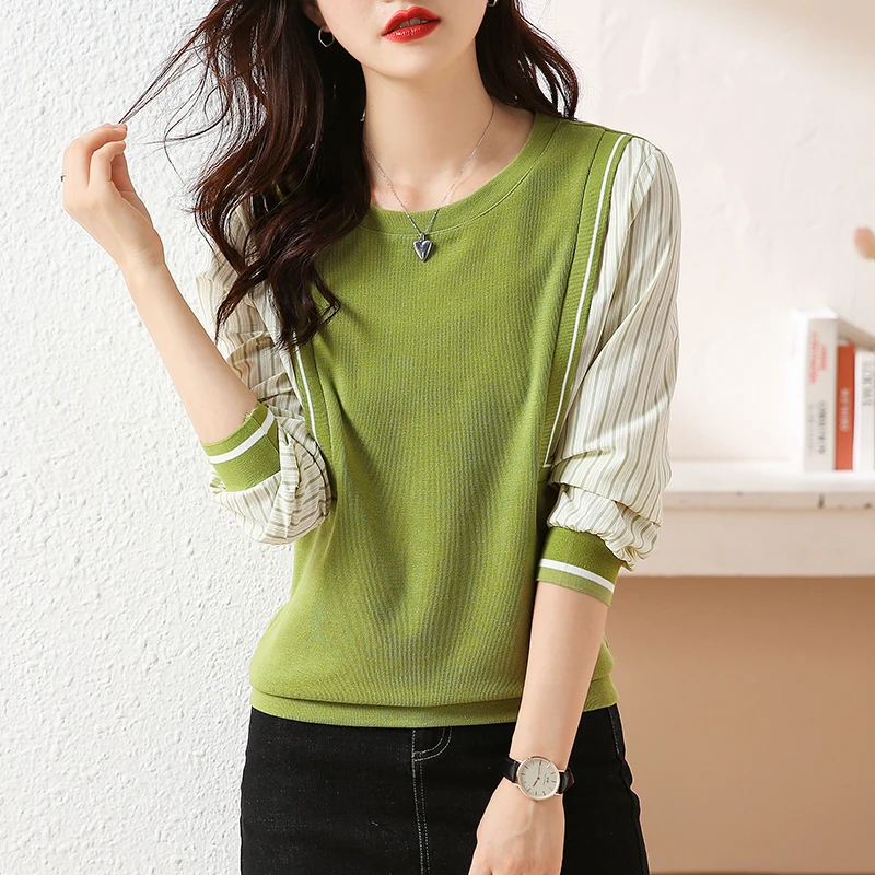 Fashion Women\'s Sweatshirts ladies patchwork T Shirt Tops Basic bottoming shirts Ladies o-neck Long Sleeve Tee Shirt