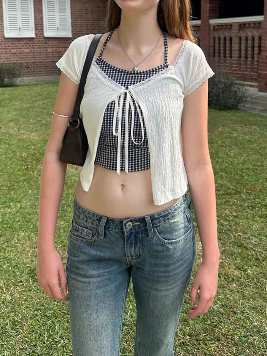 Lace Trim White Chic Texture Crop Top Woman Lace-up Scoop Neck Short Sleeve Smock Tops Summer Solid Sweet All-match Tshirts New