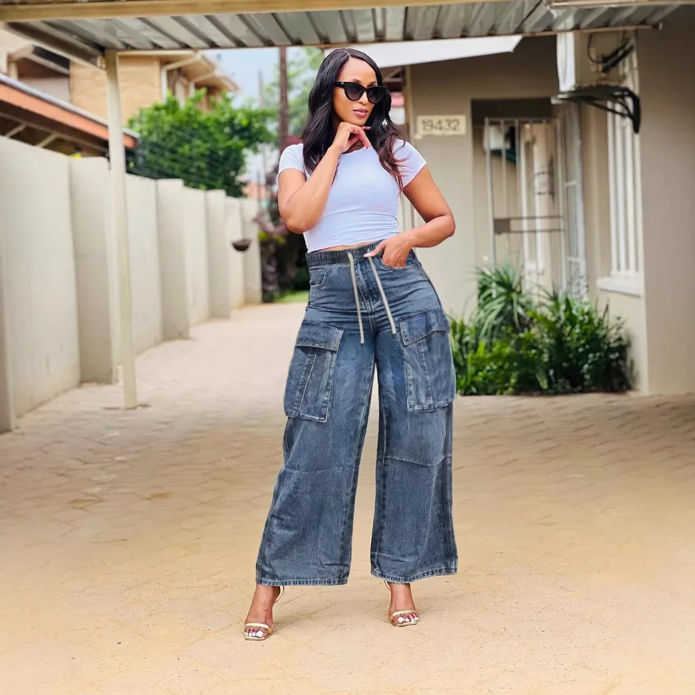 

2026 New Streetwear Jeans Women High Waist Wide Leg Denim Pants Baggy Multi-Pocket Trousers Casual Hip Hop Jeans