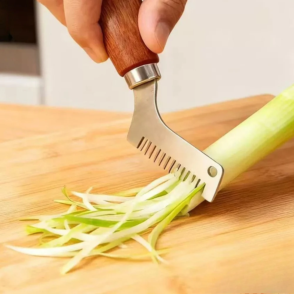 Professional Scallion Slicer Green Onion Cutter with Curved Design Stainless Steel Blades Wooden Handle Kitchen Cooking Tools