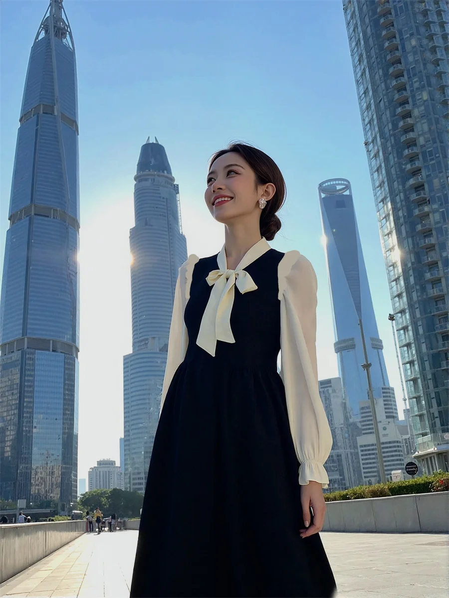 Robe noire pour femmes, coupe régulière, Style Preppy, automne printemps, panneaux transparents, chaîne à volants, tempérament surdimensionné dégradé