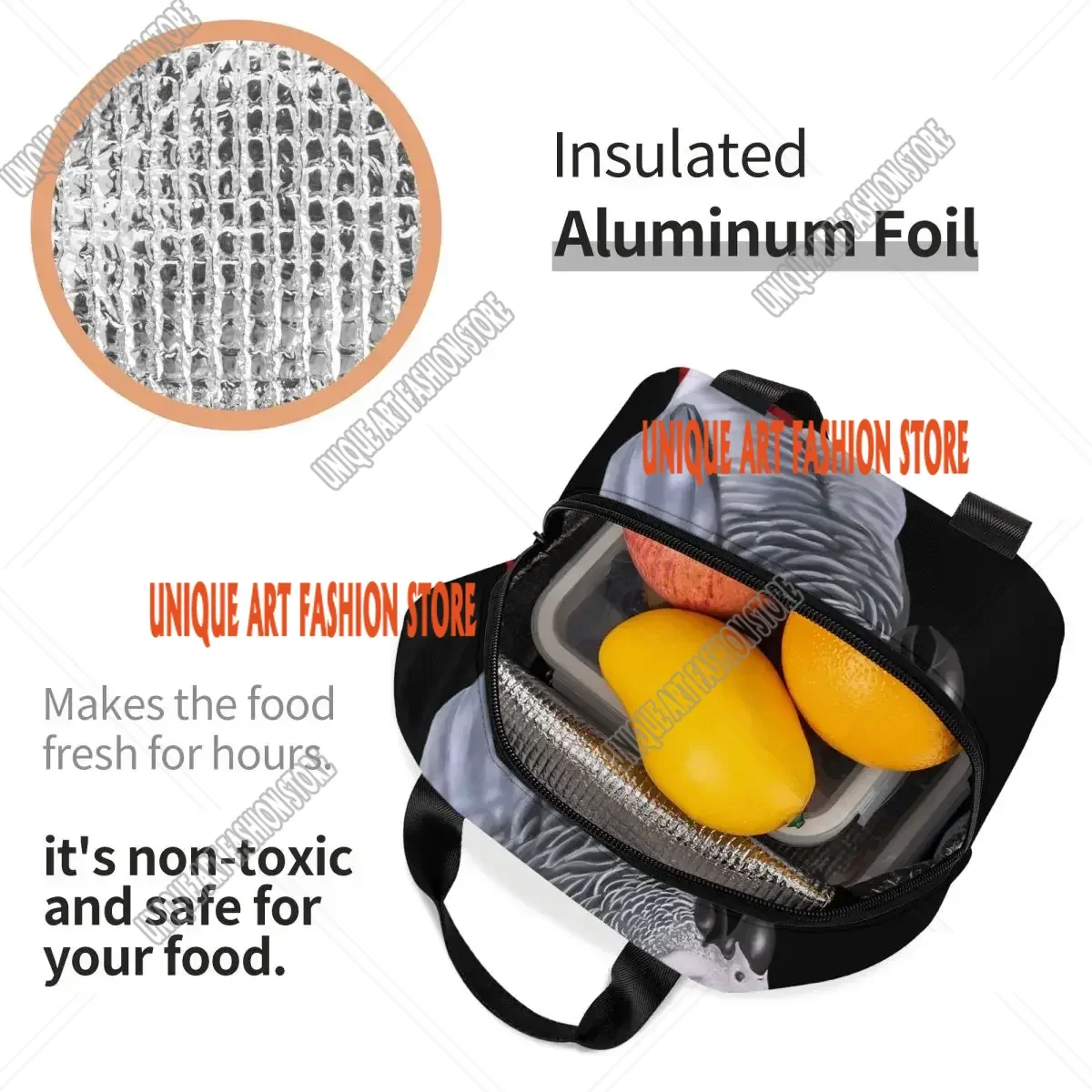 Borsa per il pranzo isolata con pappagallo grigio africano per la scuola di lavoro Psittacine Bird Borsa per il pranzo termica portatile per donne Borse per alimenti per bambini
