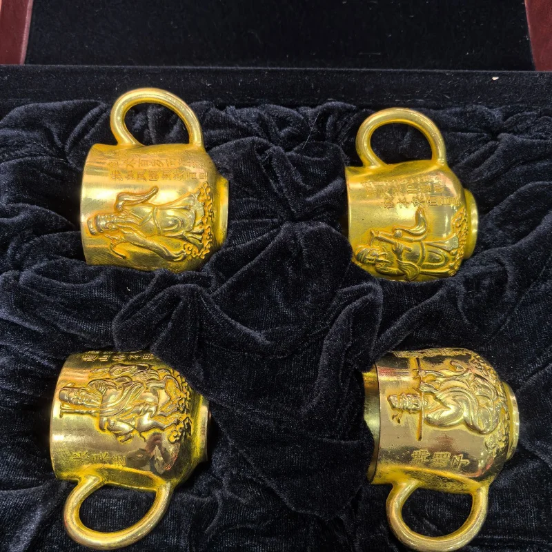 

Antique-Style Eight Immortals Cup with Box, Copper Gilt Tea Cup, Lid Bowl, Silver Craft Ornament