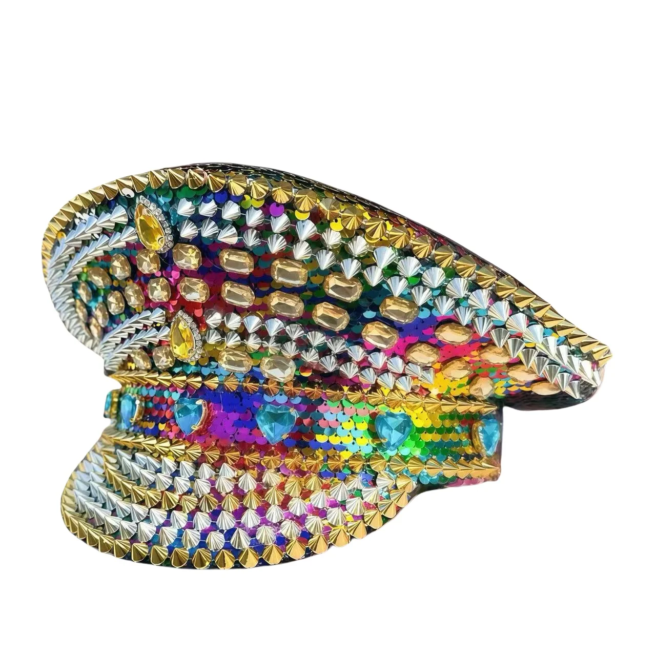 ホンルアン イエローレーザーレザーループキャプテンハット ラインストーン＆ミリタリーキャップ 女性用、レイブフェスティバルアクセサリー＆パーティーキャップ男性用