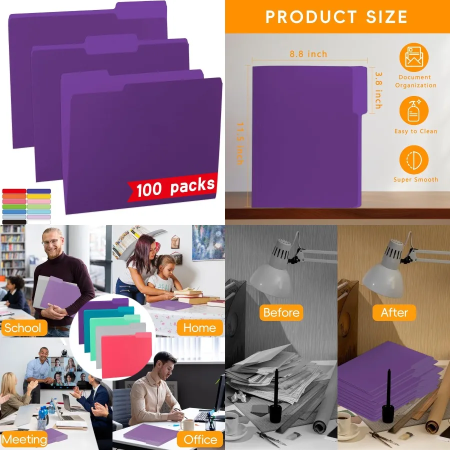 

100 Packs Purple File Folder 1/3-Cut Tabs Letter Size File Folders 8.5x11 for Office School and Home Organization Ideal for Doc
