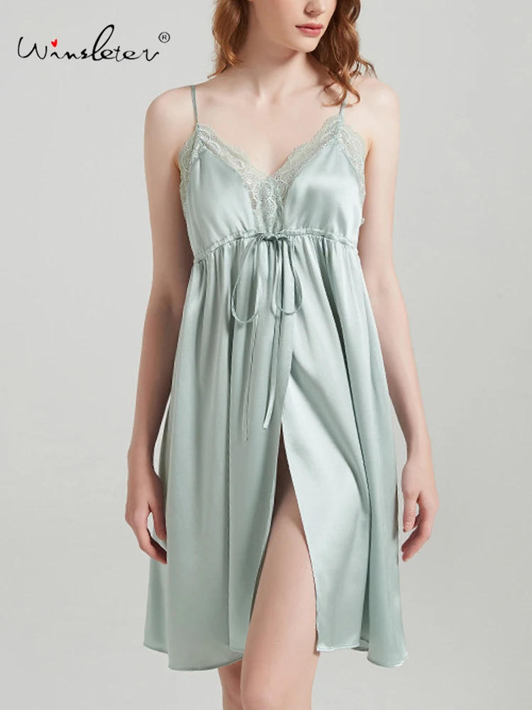 

Winsleter-19MM Элегантная ночная сорочка из 100% натурального шелка, на бретельках, с кружевом, женская французская сексуальная пижама-платье, новинка весны 2026 P61042CC
