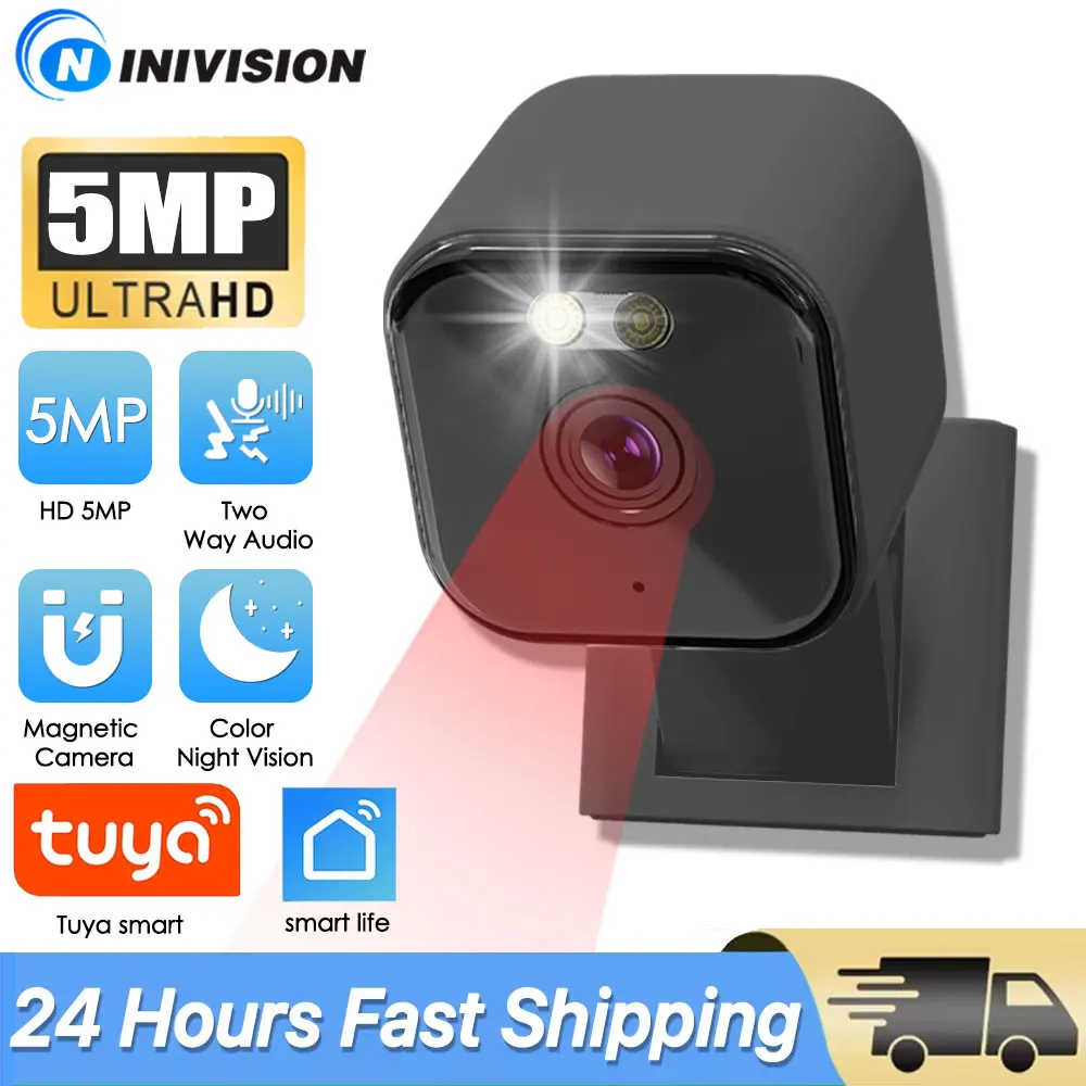 

Home Black Mini Camera Night Vision Two-Way Audio Magnetic WiFi Human Alarm Built-in Siren for Home Cloud Storage Tuya Smartlife