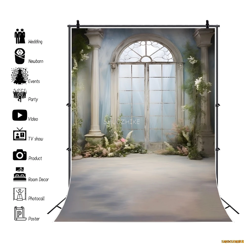 ดอกไม้ Windows ฉากหลังปราสาท Retro เด็กผู้ใหญ่ Photocall ภาพวาดสีน้ํามันฤดูใบไม้ผลิสวนดอกไม้พื้นหลังการถ่ายภาพ Props