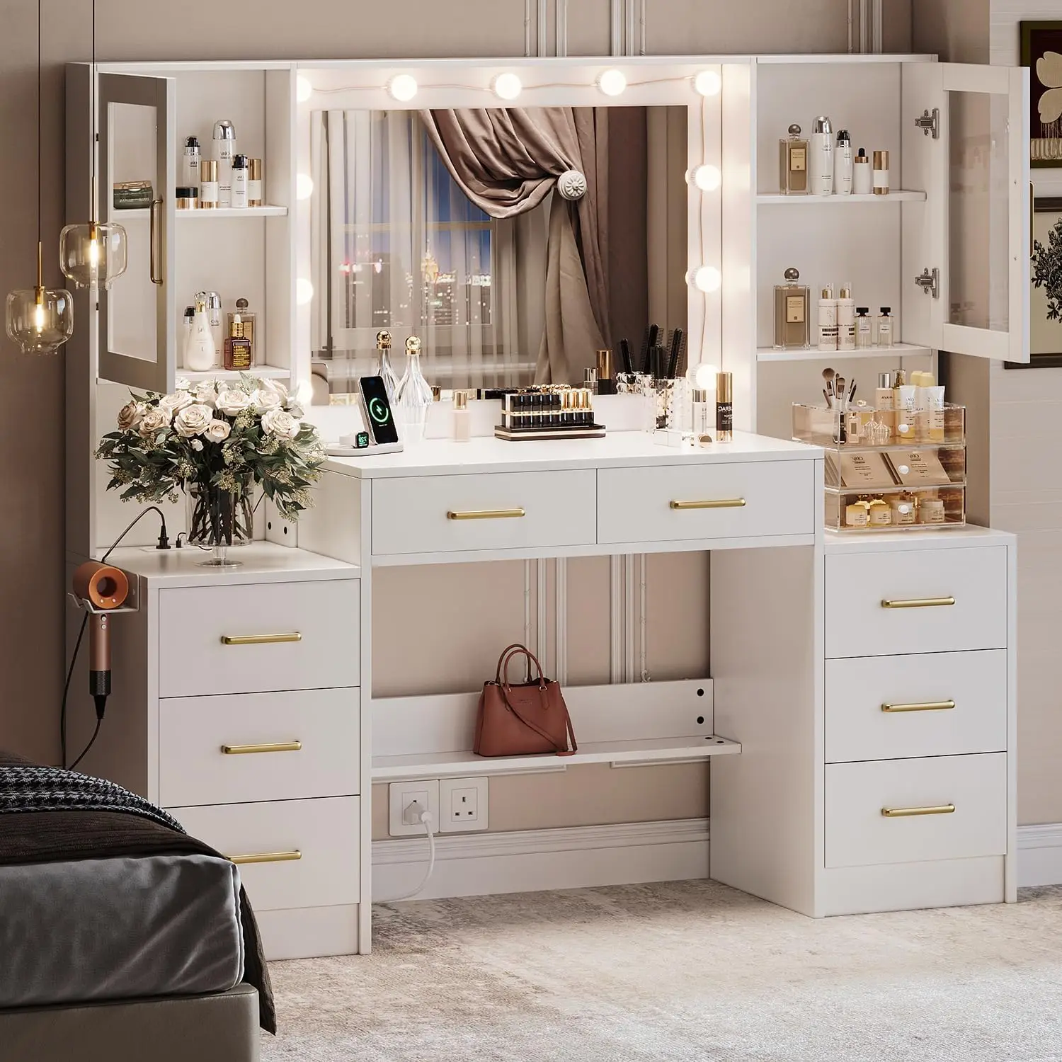 Makeup Desk Mirror Lights Charging Station 58 Inch 3 Lighting Modes 8 Drawers 2 Cabinets Storage Dressing Table Vanity Set
