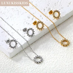 LUXUKISSKIDS Rhinestone Geometric Jewelry Set Steel Small Pendant Necklace with Stud Earrings for Girls/Woman Elegant Accessorie