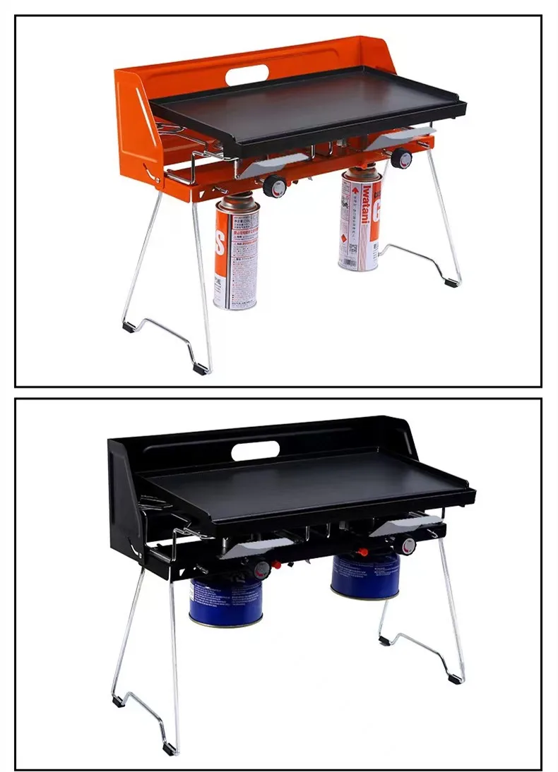 Outdoor Portable Gas Stove, Gas BBQ Grill, Double Burners Grill, with Griddle, Iron Plates