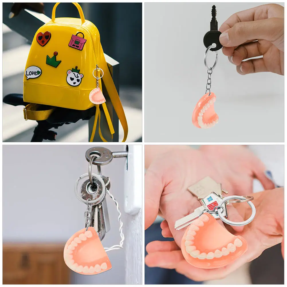 2Pcs Resin Tooth Keychains Funny Denture Design Bag Pendant Car Key Decoration Halloween Party Favors Creative Key Rings