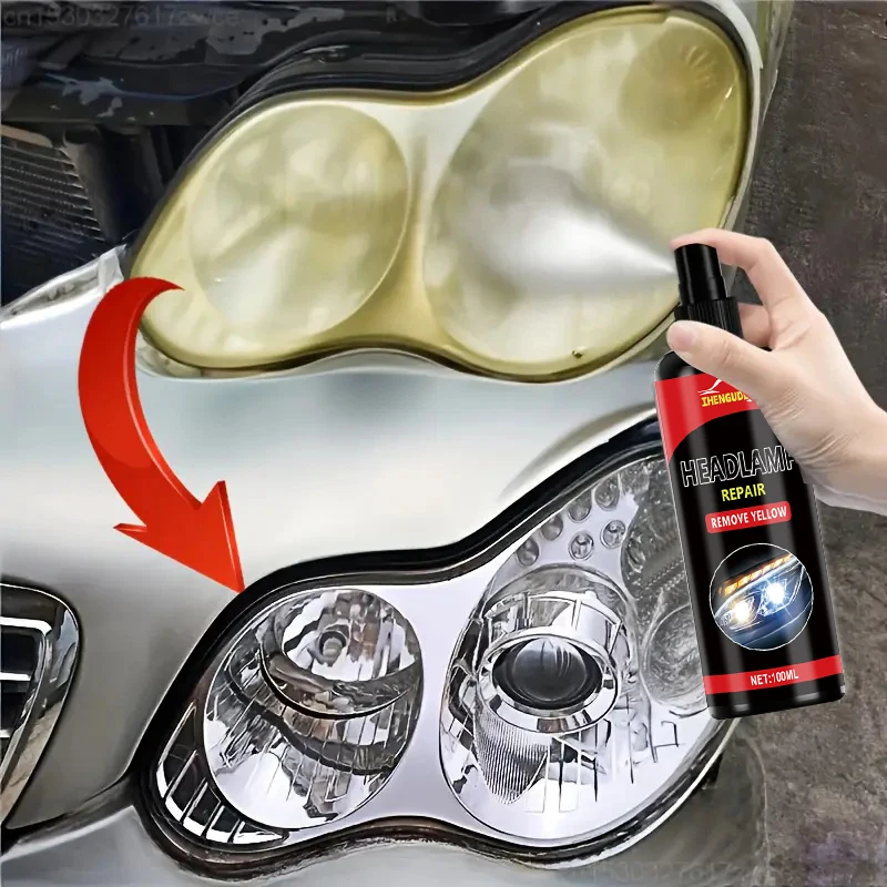 بخاخ إصلاح المصابيح الأمامية 100 مل، طقم إصلاح المصابيح الأمامية المبتكرة للسيارة، يحل مشكلة الأكسدة والإصفرار، ويعيد تألق المصابيح الأمامية