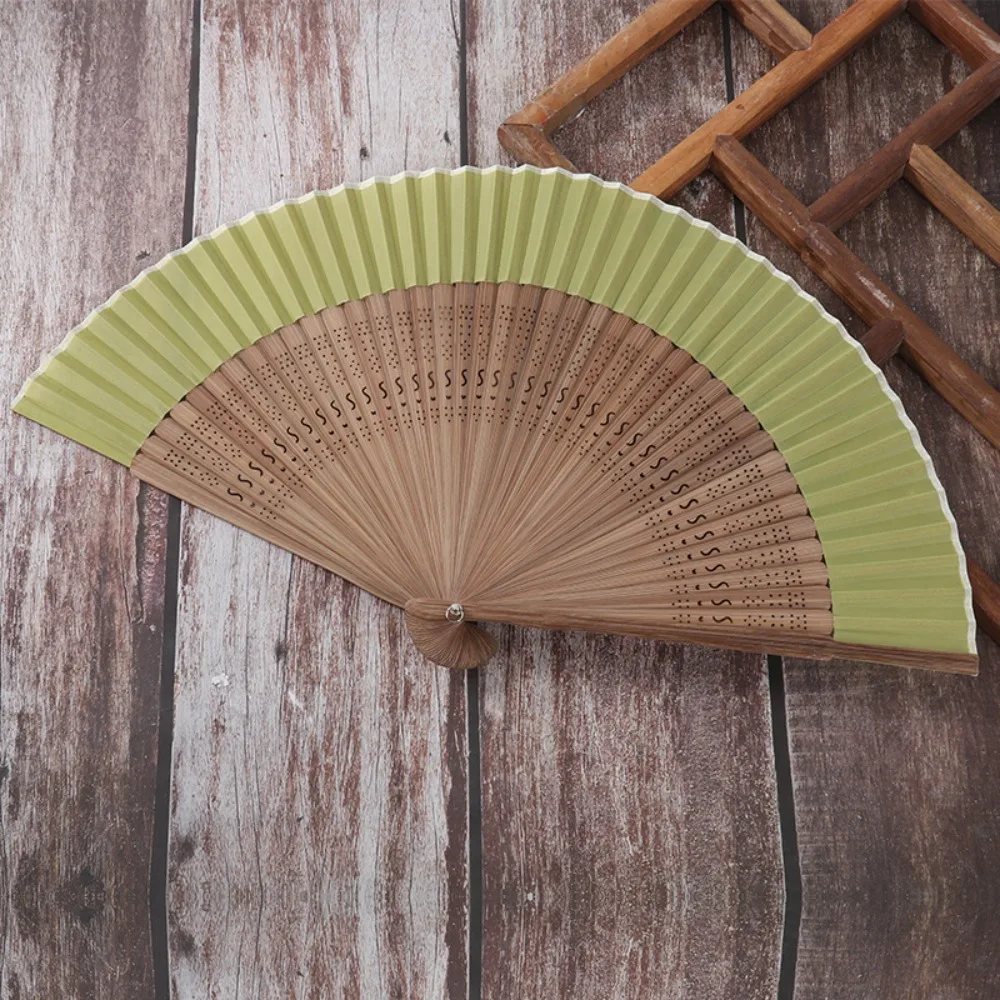 Portable Carved Handle Bamboo Folding Fan Handhold Vintage Chinese Fan with Tassel Dance Fan Photo Props