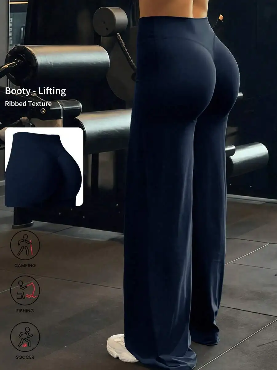 

Solid Color Yoga Wide Leg Pants Booty Lifting Ribbed Texture For Fitness Running Sports
