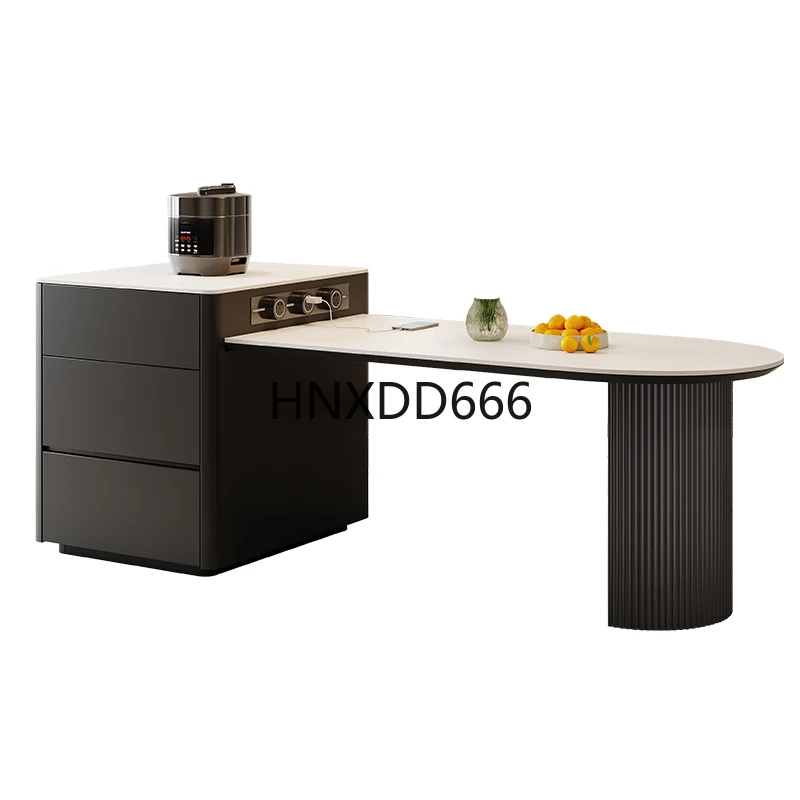 

Rock slab island dining table integrated household retractable black semicircular middle island