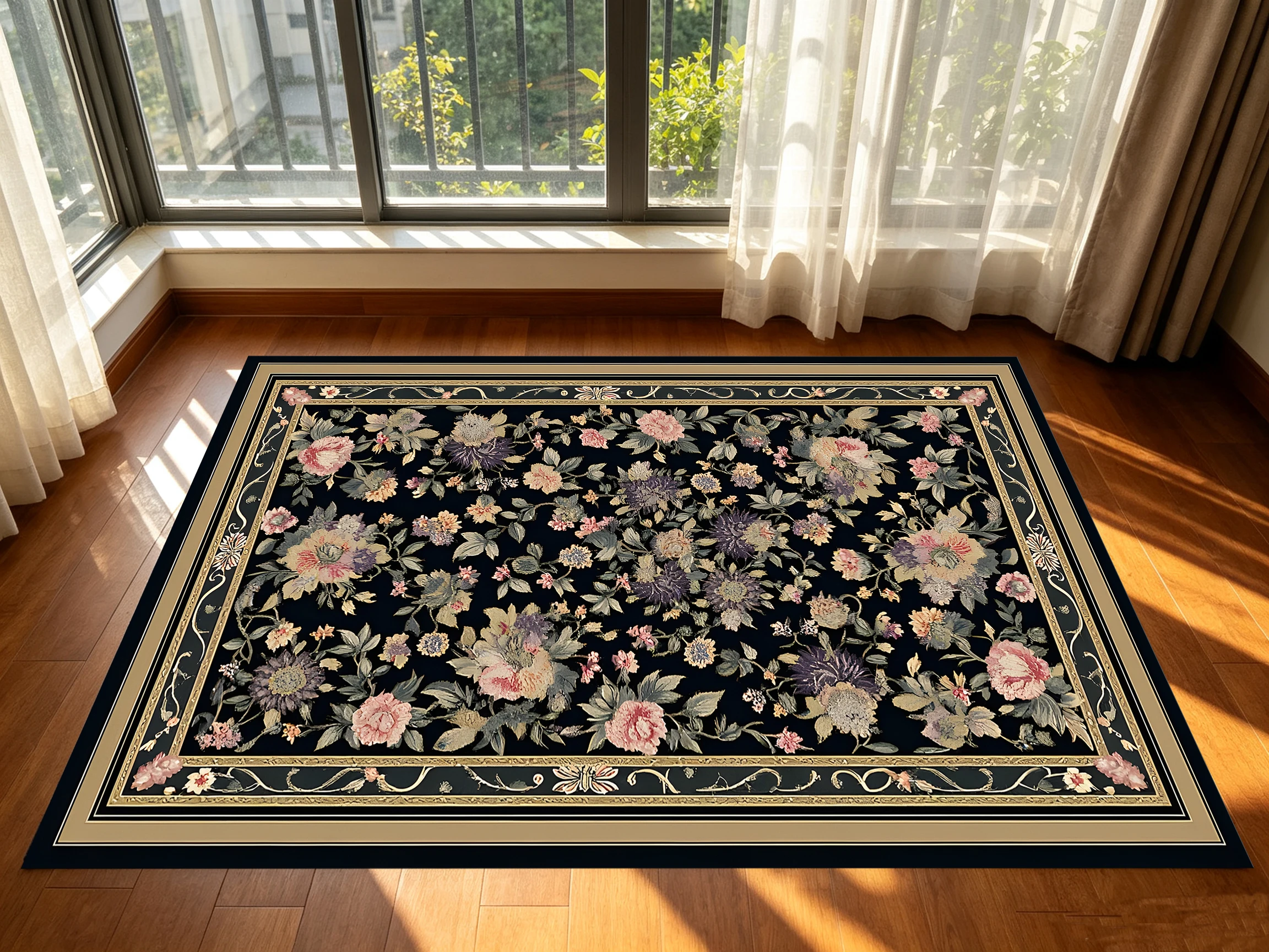 2D Large Rug with Black Background & Retro Floral Pattern, French Retro Style, Soft & Comfortable, for Living Room & Bedroom