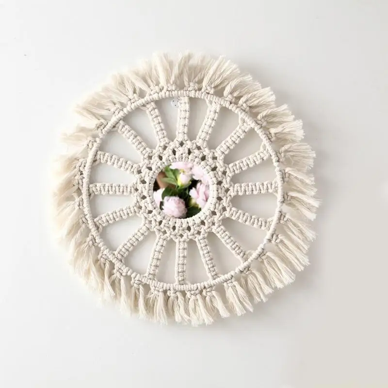 QX2E Hanging Wall Mirror with Macrame Fringe Round Boho Mirrors Art Decor for Entryways Apartment Living Room